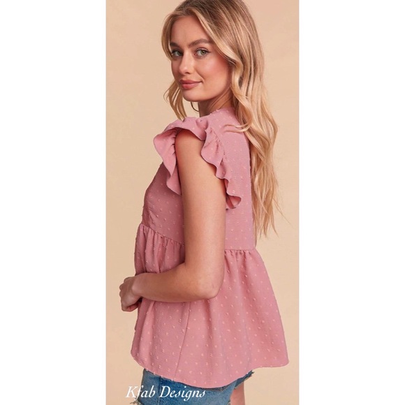 LAST ONE! Crochet/Lace Swiss Dot Cap Ruffle Sleeve Woven Top in Dusty Rose! - Picture 10 of 11